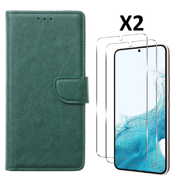 Ntech Hoesje Geschikt Voor Samsung Galaxy S23 Hoesje met Pasjeshouder - bookcase – Met 2x Screenprotector / gehard glas – Groen