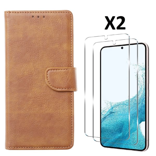 Ntech Hoesje Geschikt Voor Samsung Galaxy S23 Plus Hoesje met Pasjeshouder - bookcase – Met 2x Screenprotector / gehard glas – Bruin