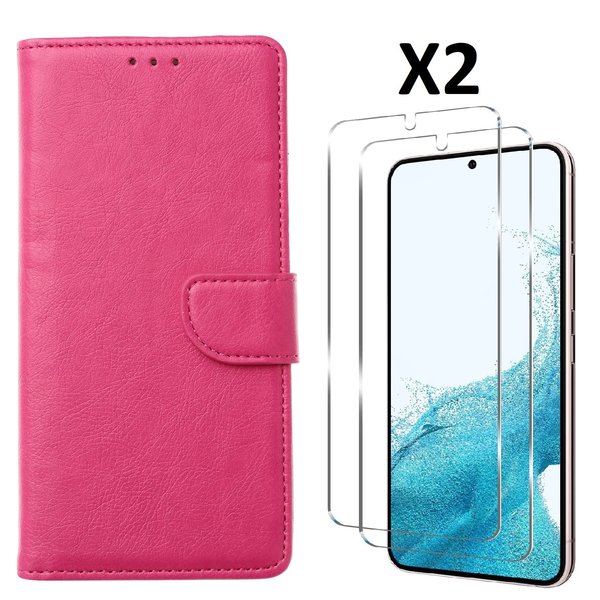 Ntech Hoesje Geschikt Voor Samsung Galaxy S23 Plus Hoesje met Pasjeshouder - bookcase – Met 2x Screenprotector / gehard glas – Roze