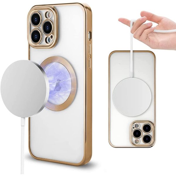 Ntech Hoesje Geschikt voor iPhone 13 Pro Max – Met Magnetisch Ring Magesafe compatibel backcover – Lens beschermer – Transparant / Goud
