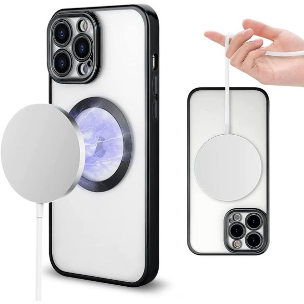 Ntech Hoesje Geschikt voor iPhone 13 Pro Max – Met Magnetisch Ring Magesafe compatibel backcover – Lens beschermer – Transparant / Zwart