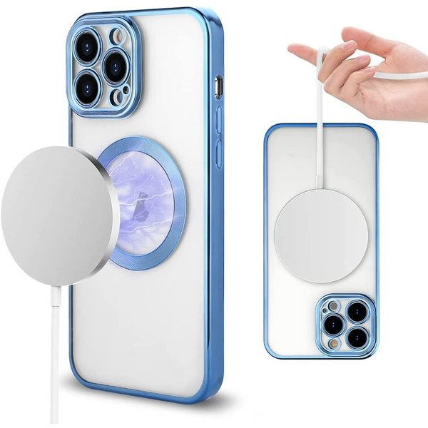 Ntech Hoesje Geschikt voor iPhone 13 Pro Max – Met Magnetisch Ring Magesafe compatibel backcover – Lens beschermer – Transparant / Blauw