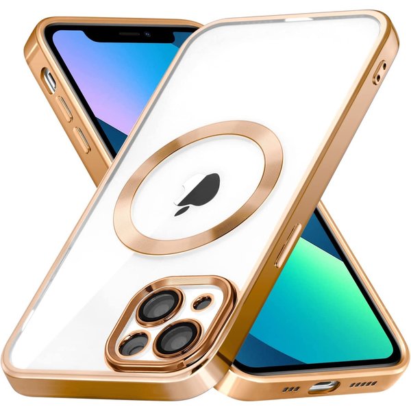 Ntech Hoesje Geschikt voor iPhone 13 – Met Magnetisch Ring Magesafe compatibel backcover – Lens beschermer – Transparant / Goud