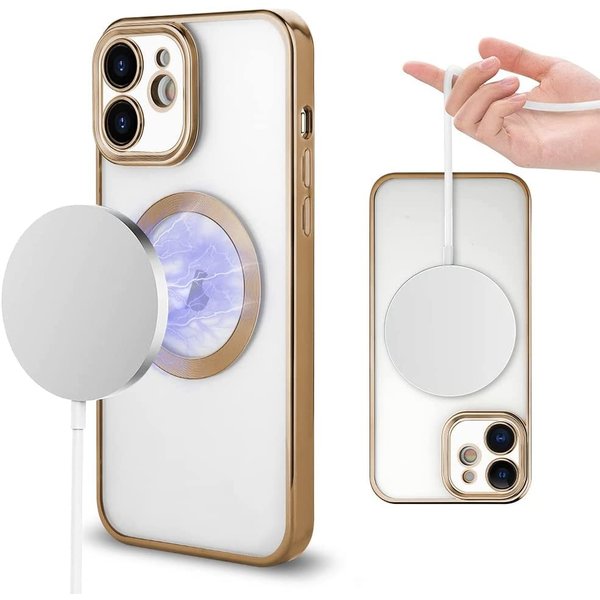 Ntech Hoesje Geschikt voor iPhone 12 Pro Max – Met Magnetisch Ring Magesafe compatibel backcover – Lens beschermer – Transparant / Goud