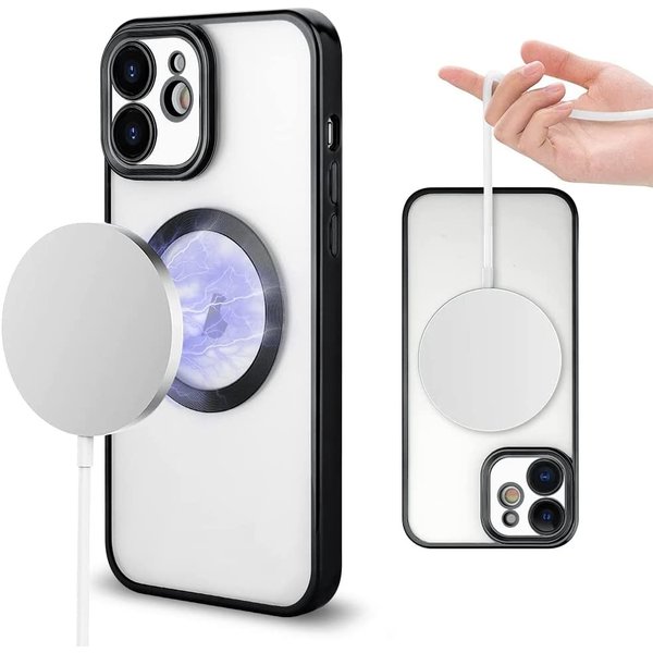 Ntech Hoesje Geschikt voor iPhone 12 – Met Magnetisch Ring Magesafe compatibel backcover – Lens beschermer – Transparant / Zwart