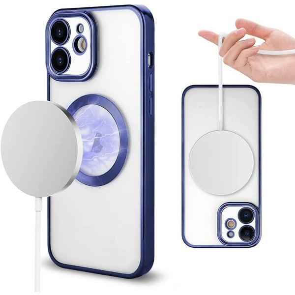 Ntech Hoesje Geschikt voor iPhone 12 – Met Magnetisch Ring Magesafe compatibel backcover – Lens beschermer – Transparant / Blauw