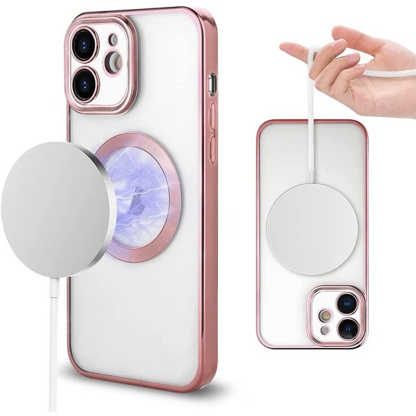 Ntech Hoesje Geschikt voor iPhone 12 – Met Magnetisch Ring Magesafe compatibel backcover – Lens beschermer – Transparant / Rosegoud