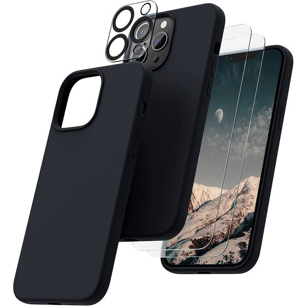 Ntech Hoesje Geschikt voor iPhone 14 – Liquid siliconen backcover met 2x glazen screenprotector en camera lens protector – Zwart