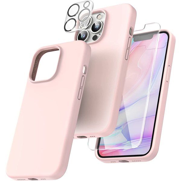Ntech Hoesje Geschikt voor iPhone 14 Pro – Liquid siliconen backcover met 2x glazen screenprotector en camera lens protector – Licht Roze