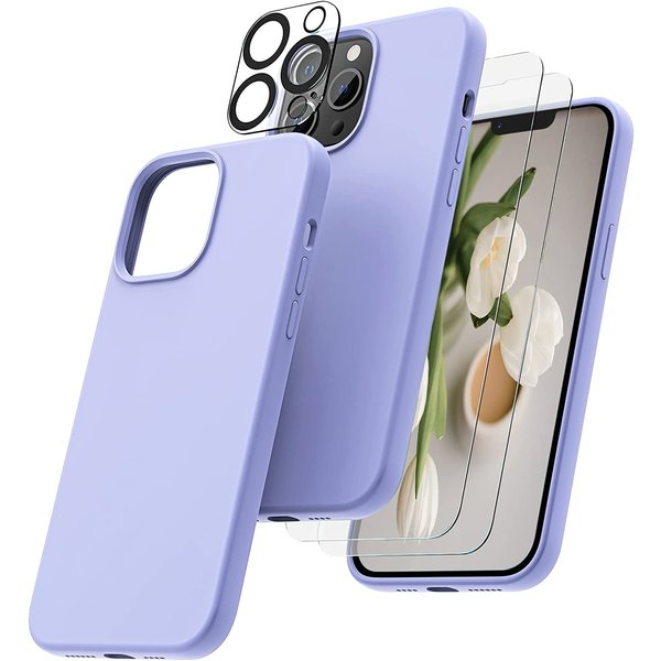 Ntech Hoesje Geschikt voor iPhone 14 Pro – Liquid siliconen backcover met 2x glazen screenprotector en camera lens protector – Lila