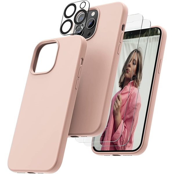 Ntech Hoesje Geschikt voor iPhone 14 Pro – Liquid siliconen backcover met 2x glazen screenprotector en camera lens protector – Pink Sand