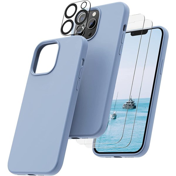 Ntech Hoesje Geschikt voor iPhone 14 Plus – Liquid siliconen backcover met 2x glazen screenprotector en camera lens protector – Licht Blauw