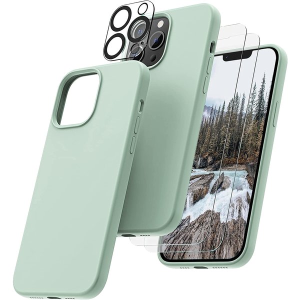Ntech Hoesje Geschikt voor iPhone 14 Plus – Liquid siliconen backcover met 2x glazen screenprotector en camera lens protector – Mint Groen