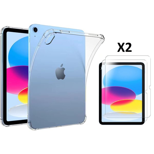 Ntech Hoes geschikt voor iPad A16 Hoes - iPad 2025 hoes 11th Gen/iPad 10th siliconen transparant cover Anti-Shock + ipad 2022 screenprotector Premium glass 2 stuks