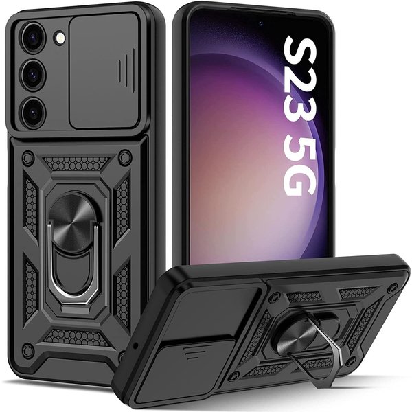 Ntech Hoesje Geschikt Voor Samsung Galaxy S23 hoesje met Ring Houder en camera bescherming - Zwart