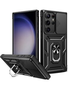 Ntech Samsung Galaxy S23 Ultra hoesje met Ring Houder en camera bescherming - Zwart