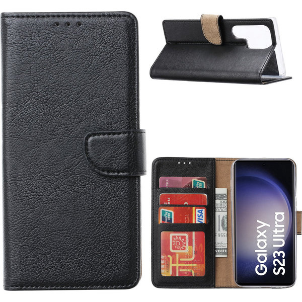 Ntech Hoesje Geschikt Voor Samsung Galaxy S23 Ultra Hoesje met Pasjeshouder – Bookcase – Zwart