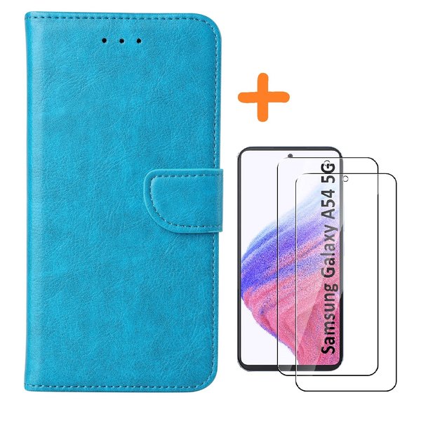 Ntech Samsung A54 hoesje bookcase Blauw - Galaxy A54 5G bookcase portemonnee hoesje - Samsung A54 screenprotector / 2X Beschermglas