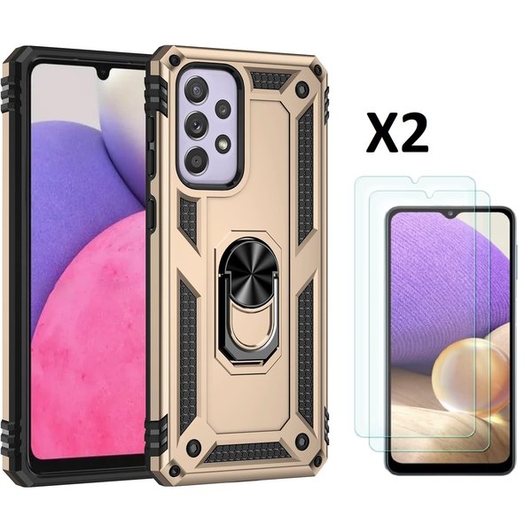 Ntech Hoesje Geschikt Voor Samsung Galaxy A33 Hoesje Anti-Shock Hybrid Armor hoesje Goud - Hoesje Geschikt Voor Samsung Galaxy A33 5G kickstand Ring houder TPU backcover hoesje - met screenprotector Galaxy A33 5G - 2 pack