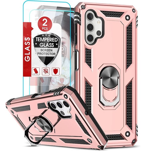 Ntech Hoesje Geschikt Voor Samsung Galaxy A32 5G Hoesje Anti-Shock Hybrid Armor hoesje Rose Goud - Hoesje Geschikt Voor Samsung Galaxy A32 hoesje kickstand Ring houder TPU backcover hoesje - met screenprotector Galaxy A32 5G - 2 pack