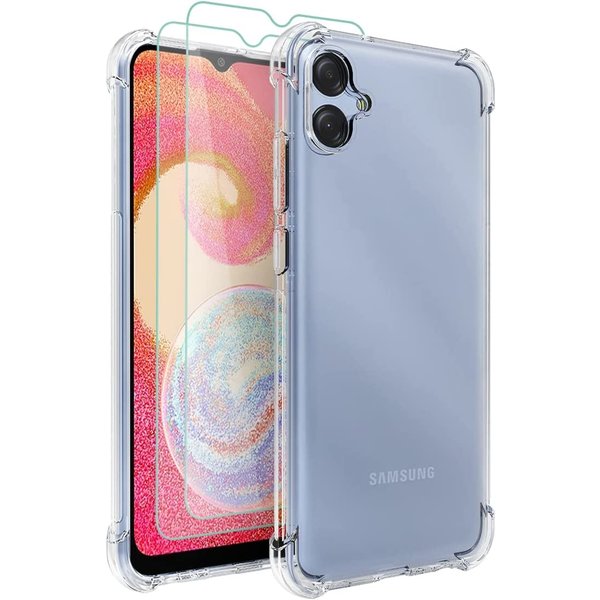 Ntech Hoesje Geschikt Voor Samsung Galaxy A04E Hoesje transparant Anti Shock silicone Hoesje Geschikt Voor Samsung Galaxy A04e Screenprotector Glazen 2 pack