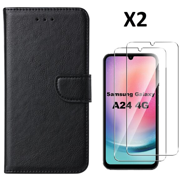 Ntech Hoesje Geschikt Voor Samsung Galaxy A24 hoesje bookcase portemonnee Met 2x screenprotector / Beschermglas - Zwart