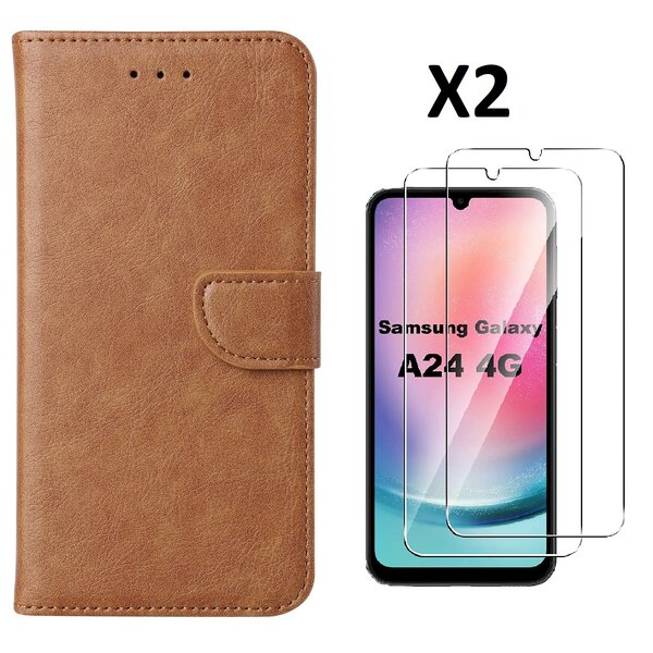 Ntech Hoesje Geschikt Voor Samsung Galaxy A24 hoesje bookcase portemonnee Met 2x screenprotector / Beschermglas - Bruin