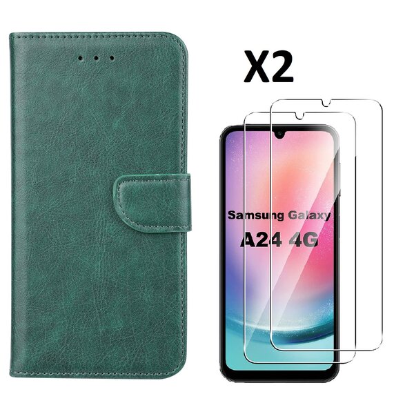 Ntech Hoesje Geschikt Voor Samsung Galaxy A24 hoesje bookcase portemonnee Met 2x screenprotector / Beschermglas - Groen
