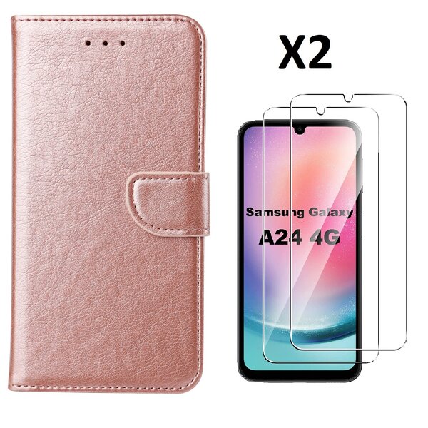 Ntech Hoesje Geschikt Voor Samsung Galaxy A24 hoesje bookcase portemonnee Met 2x screenprotector / Beschermglas - Rosegoud