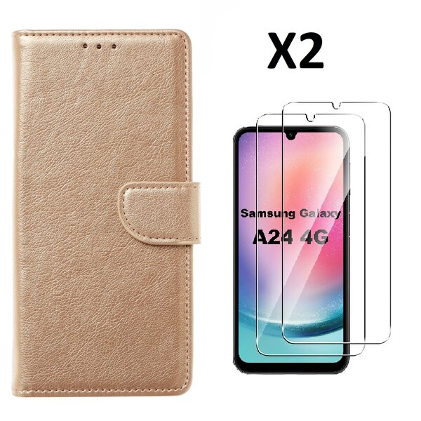 Ntech Hoesje Geschikt Voor Samsung Galaxy A24 hoesje bookcase portemonnee Met 2x screenprotector / Beschermglas - Goud
