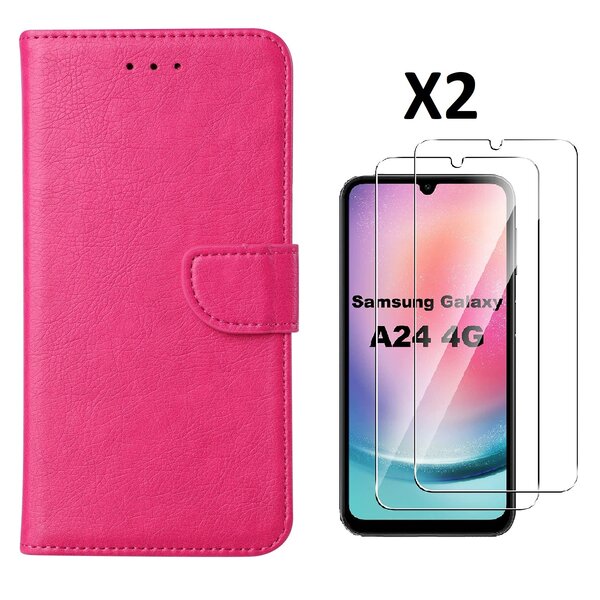Ntech Hoesje Geschikt Voor Samsung Galaxy A24 hoesje bookcase portemonnee Met 2x screenprotector / Beschermglas - Pink