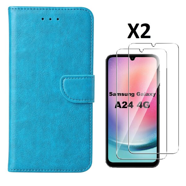 Ntech Hoesje Geschikt Voor Samsung Galaxy A24 hoesje bookcase portemonnee Met 2x screenprotector / Beschermglas - Blauw