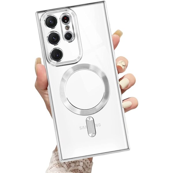 Ntech Hoesje Geschikt Voor Samsung Galaxy S23 Ultra hoesje Magnetisch Met Lens beschermer Transparant / Zliver – Magneet hoesje