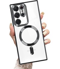 Ntech Samsung S23 Ultra hoesje Magnetisch Met Lens beschermer Transparant / Zwart
