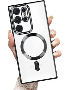 Ntech Samsung S23 Ultra hoesje Magnetisch Met Lens beschermer Transparant / Zwart