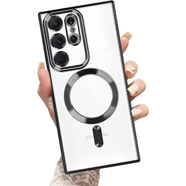 Ntech Hoesje Geschikt Voor Samsung Galaxy S23 Ultra hoesje Magnetisch Met Lens beschermer Transparant / Zwart – Magneet hoesje