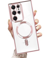 Ntech Samsung S23 Ultra hoesje Magnetisch Met Lens beschermer Transparant / Rose Goud