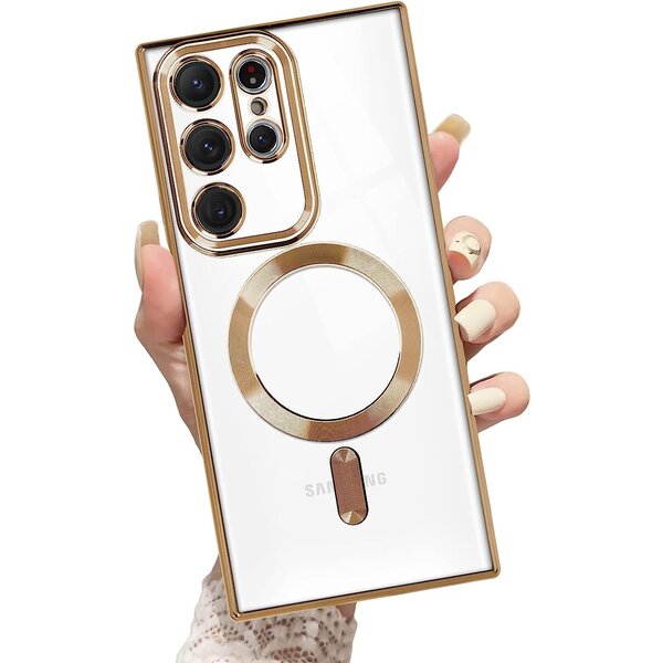 Ntech Hoesje Geschikt Voor Samsung Galaxy S23 Ultra hoesje Magnetisch Met Lens beschermer Transparant / Goud – Magneet hoesje