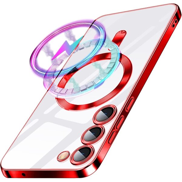 Ntech Hoesje Geschikt Voor Samsung Galaxy S23 hoesje Magnetisch Met Lens beschermer Transparant / Rood – Magneet hoesje