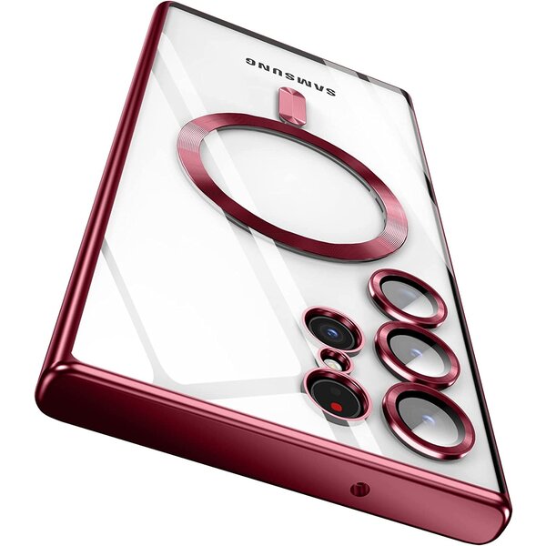 Ntech Hoesje Geschikt Voor Samsung Galaxy S23 Ultra hoesje Magnetisch Met Lens beschermer Transparant / Rood – Magneet hoesje