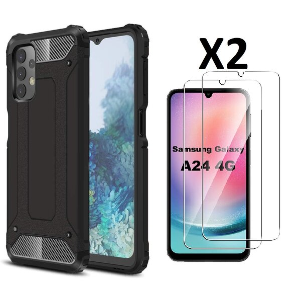 Ntech Hoesje geschikt voor Samsung Galaxy A24 5G Hoesje Zwart Schokbestendig Hybride Heavy Duty Rugged hoesje met 2x Screenprotector