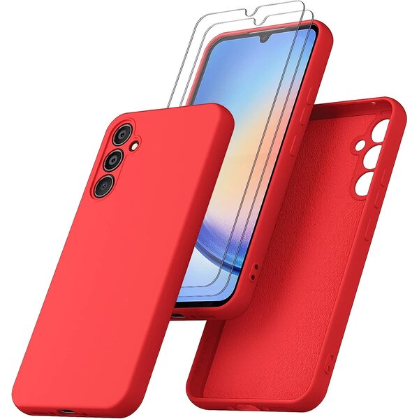 Ntech Hoesje Geschikt Voor Samsung Galaxy A34 Hoesje siliconen Rood zacht siliconen hoesje TPU backcover - Met Screenprotector - 2 stuks