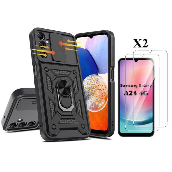 Ntech Hoesje Geschikt Voor Samsung Galaxy A24 hoesje Zwart met Ring Houder en camera bescherming - Galaxy A24 Screenprotector - 2 stuks