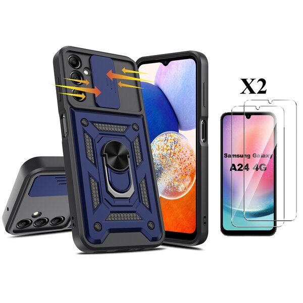 Ntech Hoesje Geschikt Voor Samsung Galaxy A24 hoesje Blauw met Ring Houder en camera bescherming - Galaxy A24 Screenprotector - 2 stuks
