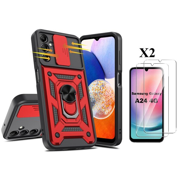 Ntech Hoesje Geschikt Voor Samsung Galaxy A24 hoesje Rood met Ring Houder en camera bescherming - Galaxy A24 Screenprotector - 2 stuks
