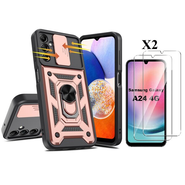 Ntech Hoesje Geschikt Voor Samsung Galaxy A24 hoesje Rose Goud met Ring Houder en camera bescherming - Galaxy A24 Screenprotector - 2 stuks