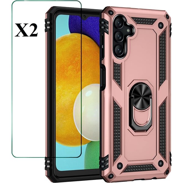 Ntech Hoesje Geschikt Voor Samsung Galaxy A34 Hoesje Anti-Shock Hybrid Armor hoesje Rose Goud - Hoesje Geschikt Voor Samsung Galaxy A34 kickstand Ring houder TPU backcover hoesje - met screenprotector Galaxy A34 - 2 pack