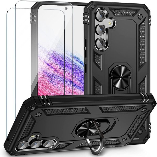 Ntech Hoesje Geschikt voor Samsung Galaxy A24 hoesje Zwart Met Draaibare Ring Houder - Galaxy A24 Screenprotector - 2 stuks