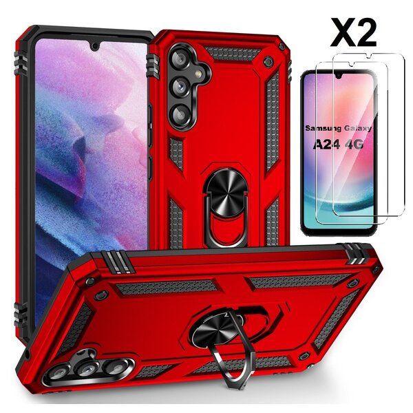 Ntech Hoesje Geschikt voor Samsung Galaxy A24 hoesje Rood Met Draaibare Ring Houder - Galaxy A24 Screenprotector - 2 stuks