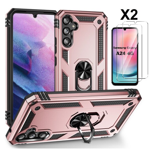 Ntech Hoesje Geschikt voor Samsung Galaxy A24 hoesje Rose Goud Met Draaibare Ring Houder - Galaxy A24 Screenprotector - 2 stuks